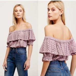 Free People Eyelet Off Shoulder Mauve Ruffle Crop Top S
